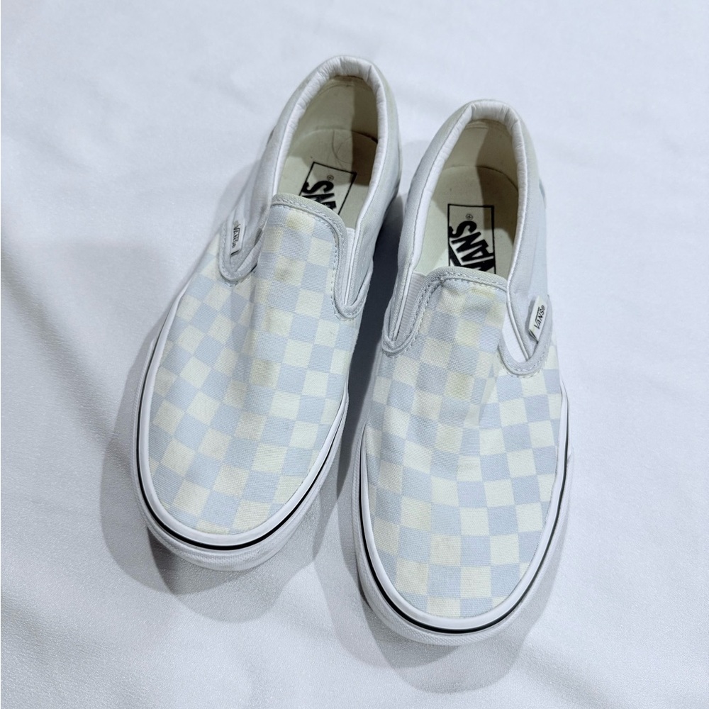 Vans Light Blue and White Checkered Slip-On Sneakers